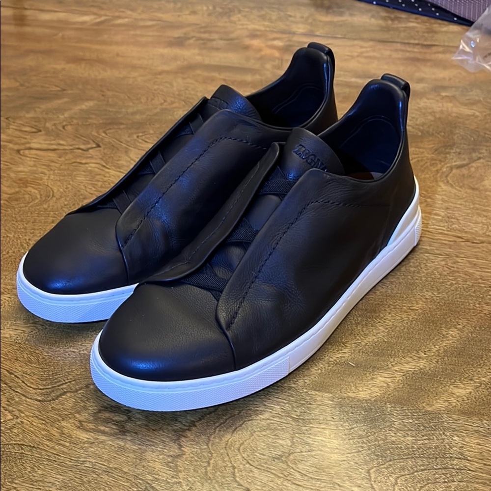 Zegna Men's Black “Second Skin” Leather Triple Stitch Sneakers